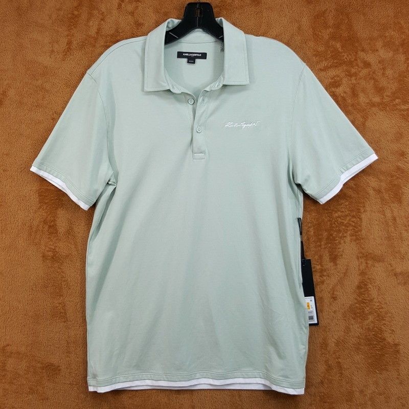 Karl Lagerfeld Polo Shirt Mens Small Light Green Contrast Trim Stretch Logo 119